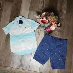 Nautica Boys 2 Piece Matching Outfit Blue and White - Button Down Shirt & Shorts